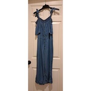 7 for All Mankind Denim Jumpsuit Shoulder Strap Cropped Flare Leg S, Light Blue
